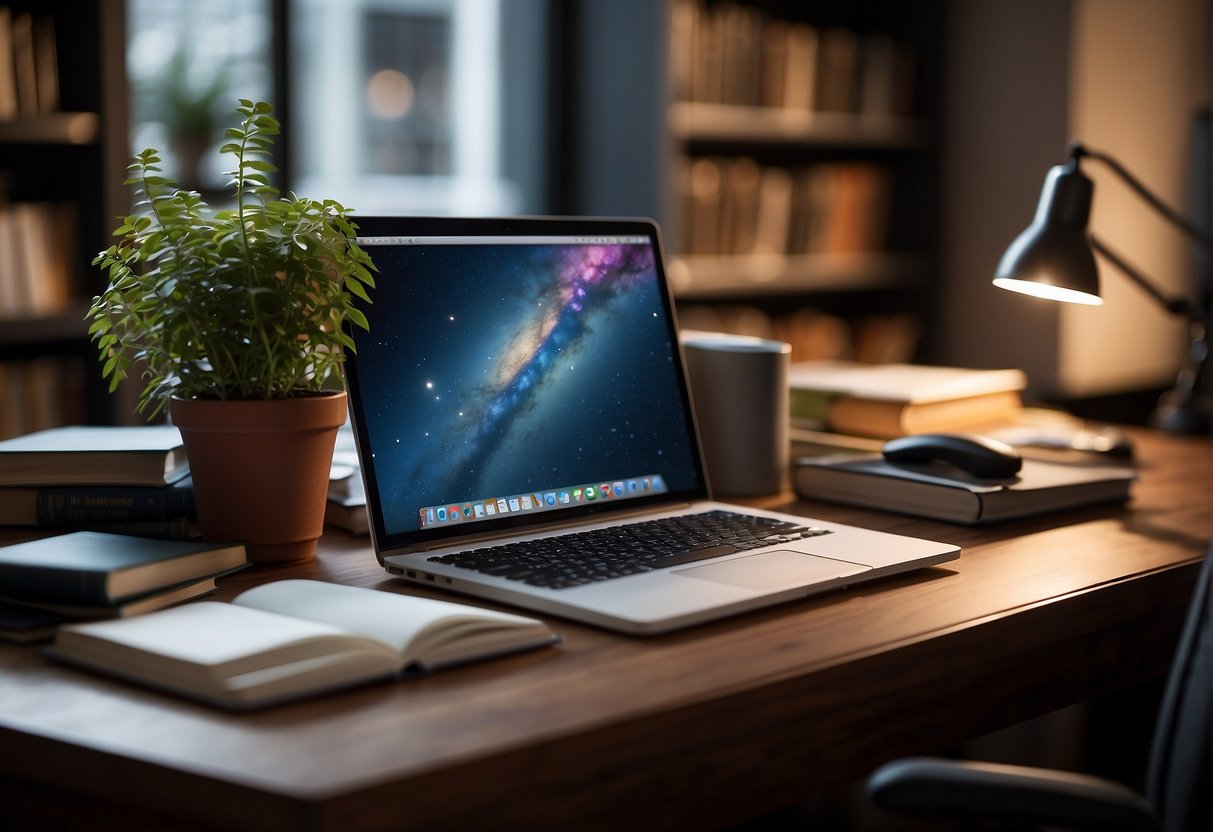 A desk with a computer, notebook, and pen. A bookshelf filled with resources. A supportive environment for learning and creating