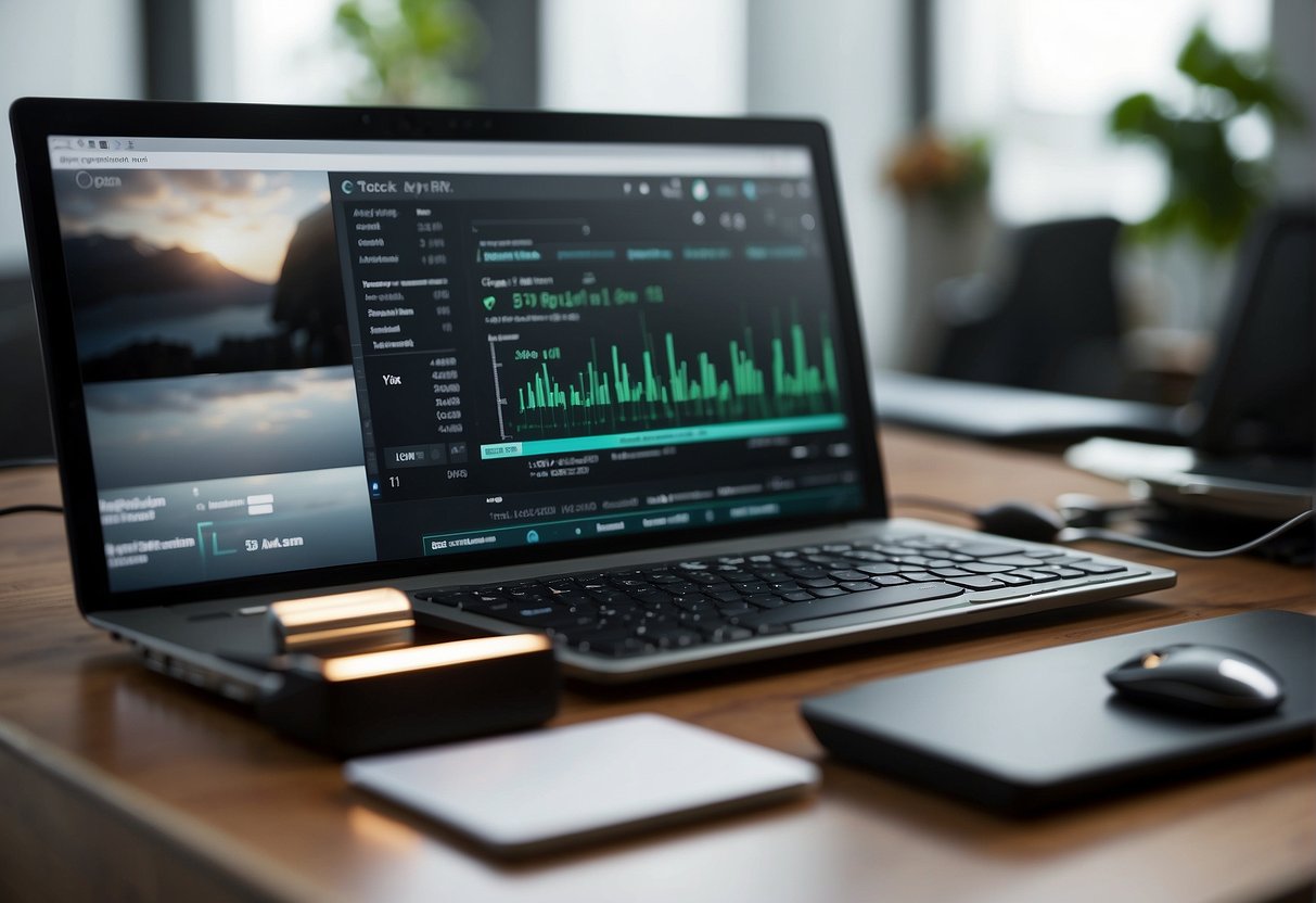 A computer screen displaying Rytr's interface with a user typing in specific application details. A desk with a keyboard and mouse