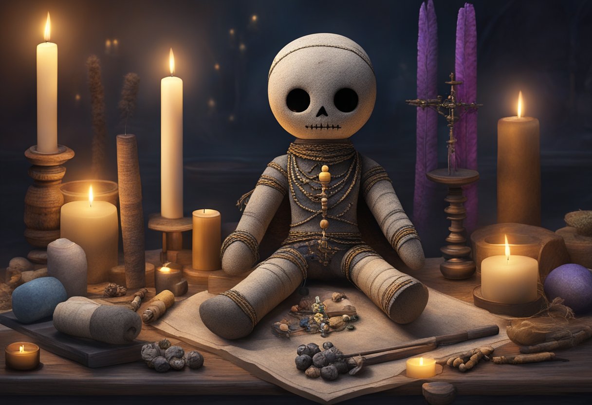 A voodoo doll sits on a makeshift altar, surrounded by candles and incense. Its hand-sewn features exude a sense of mystery and power, representing the spiritual and magical significance of dolls in religious and mystical contexts