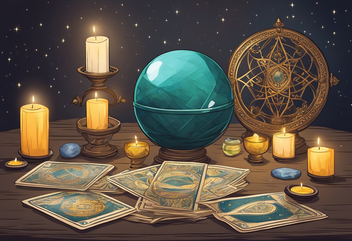 A table with tarot cards spread out, a crystal ball, and candles creating an atmosphere of mystery and divination