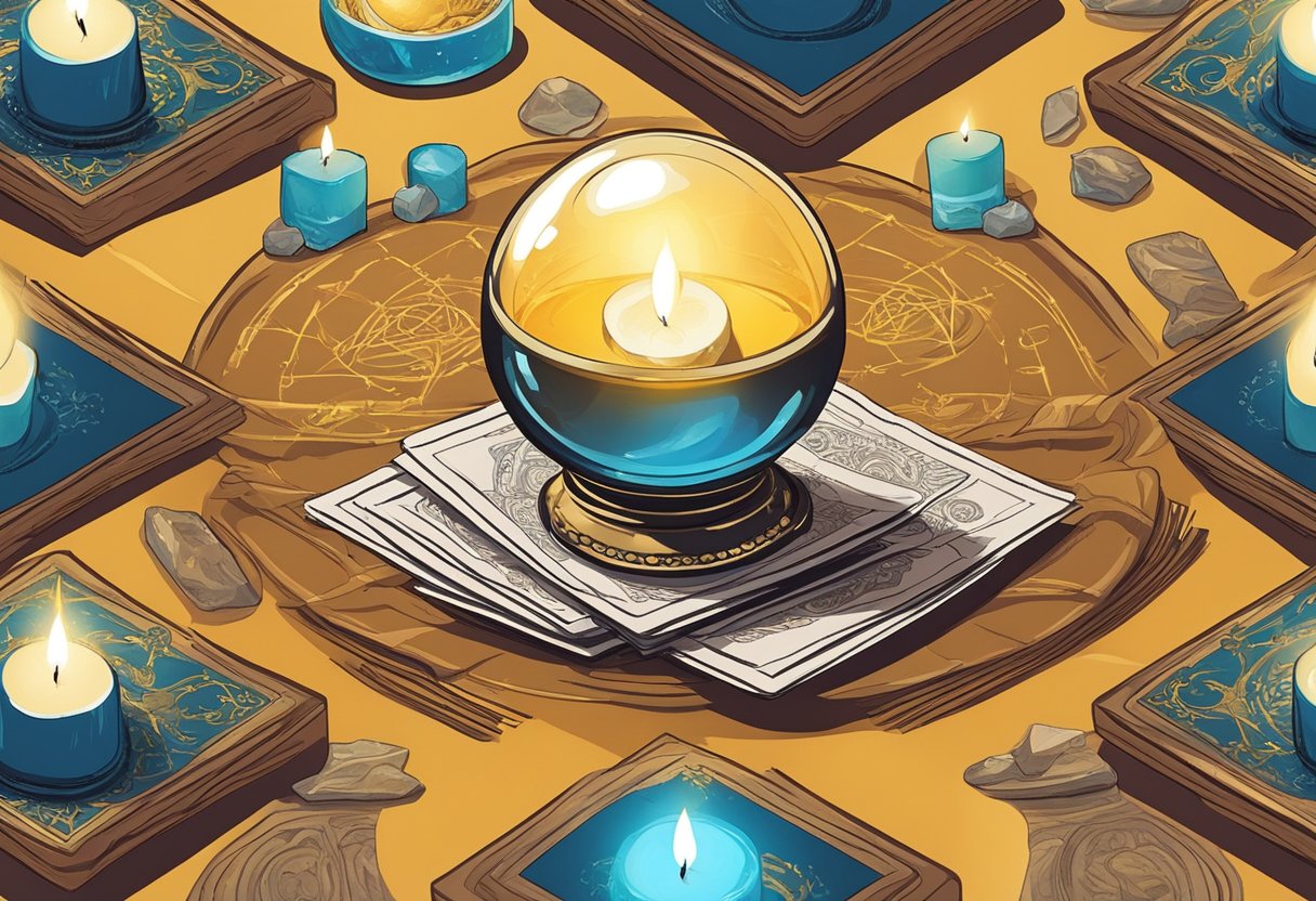 A table set with tarot cards, candles, and a crystal ball for a cartomancy reading