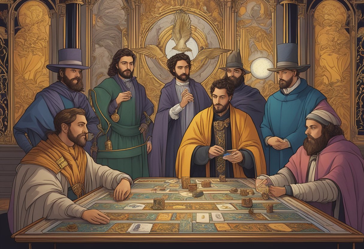 Historical figures and influencers surrounded by tarot cards, introducing the history, legends, and practice of cartomancy, featuring the magical arcanas