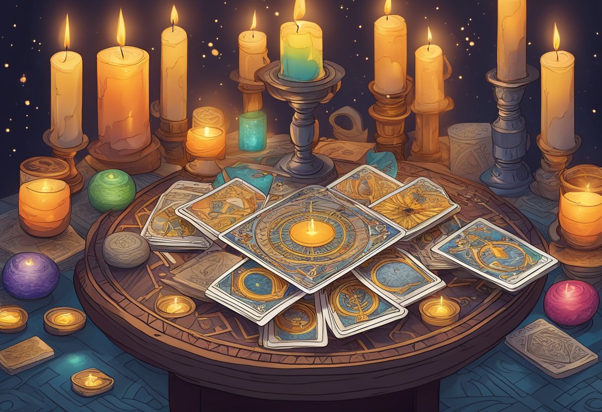 A table covered in colorful tarot cards, surrounded by candles and mystical symbols, representing the practice of cartomancy in popular culture