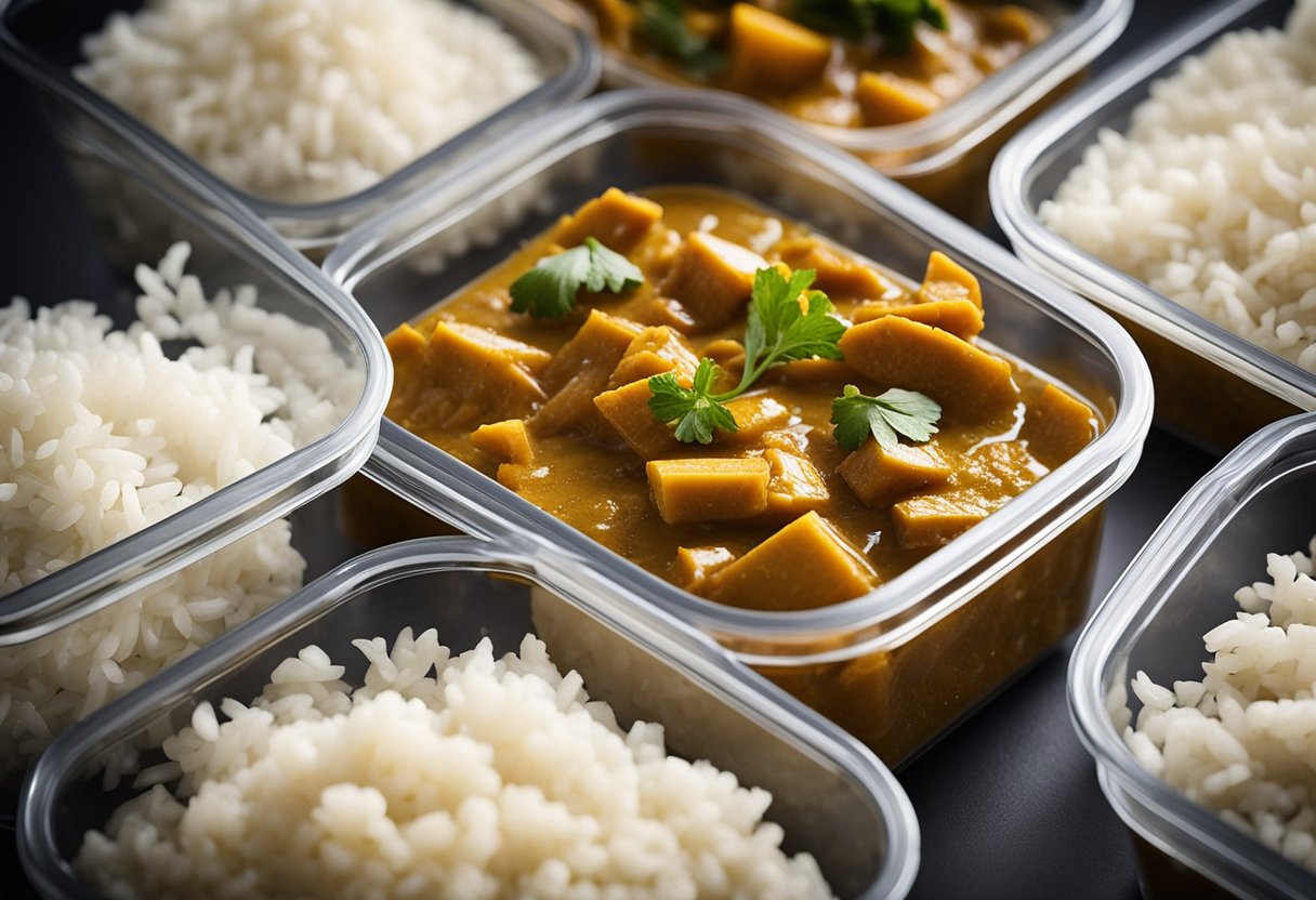 Chicken curry meal prep in clear, stackable containers. Lids are sealed tightly, with labels for easy identification. Additional storage containers hold rice, vegetables, and spices