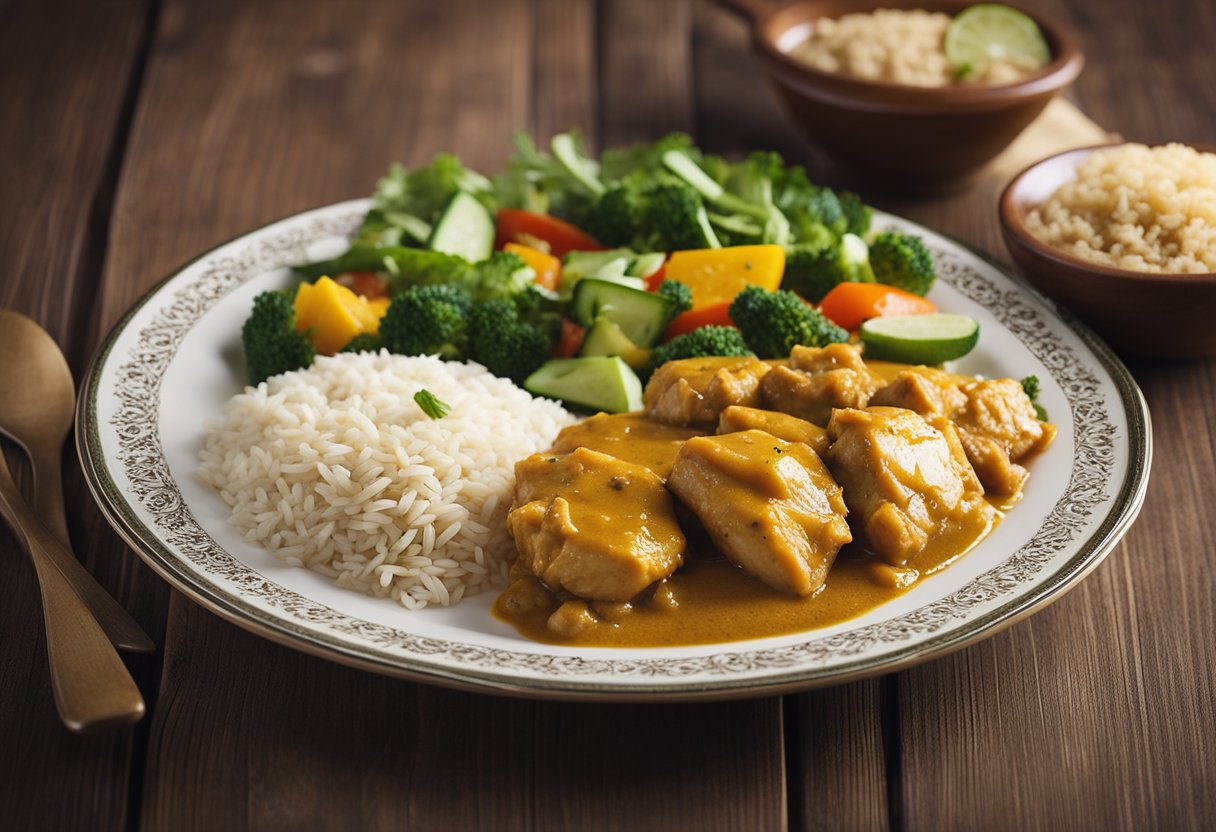 A plate of chicken curry, accompanied by steamed vegetables and brown rice, with a side of fresh salad. Nutritional information displayed in a clear, easy-to-read format