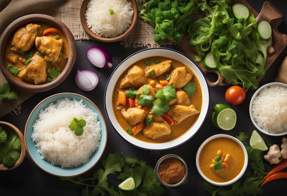 A table set with a steaming bowl of chicken curry, accompanied by a side of fragrant rice and a colorful array of fresh vegetables