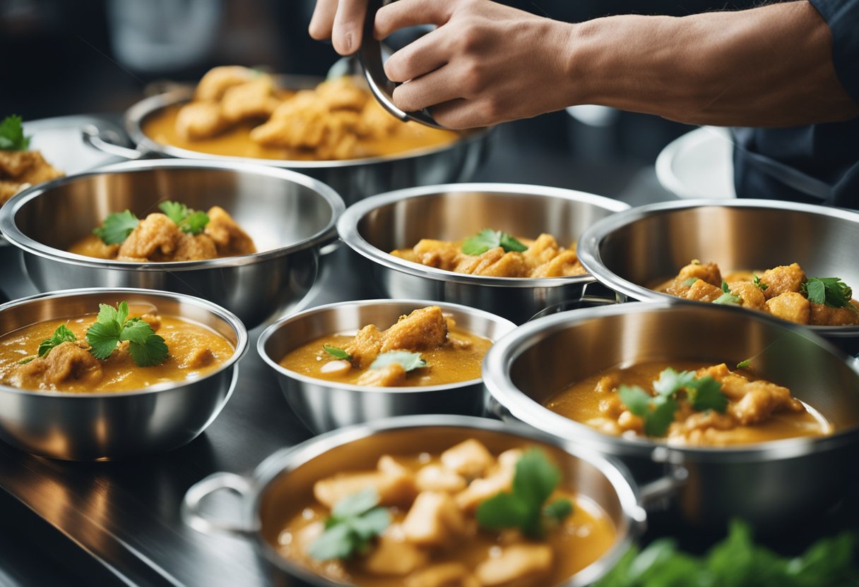 A chef prepares multiple chicken curry dishes with different ingredients and presentations for meal prep