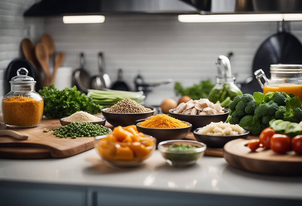 A kitchen counter with various ingredients and spices laid out, alongside pots and pans for cooking. Chopped vegetables and marinated chicken ready for bulk preparation