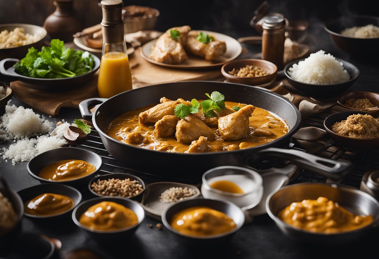 A messy kitchen with spilled ingredients, overcooked chicken, and burnt curry sauce