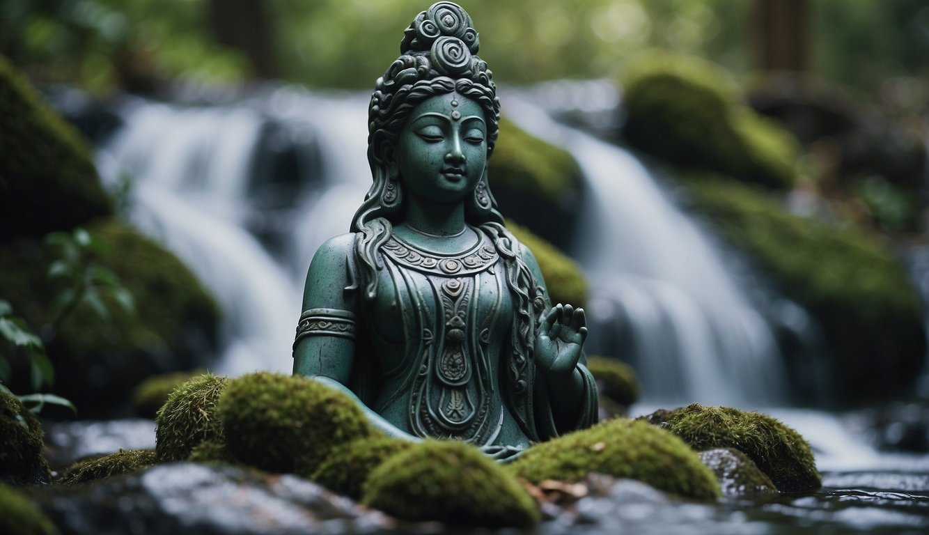 The water goddess stands tall, surrounded by flowing streams and lush greenery. Her presence is serene and powerful, emanating a sense of calm and wisdom