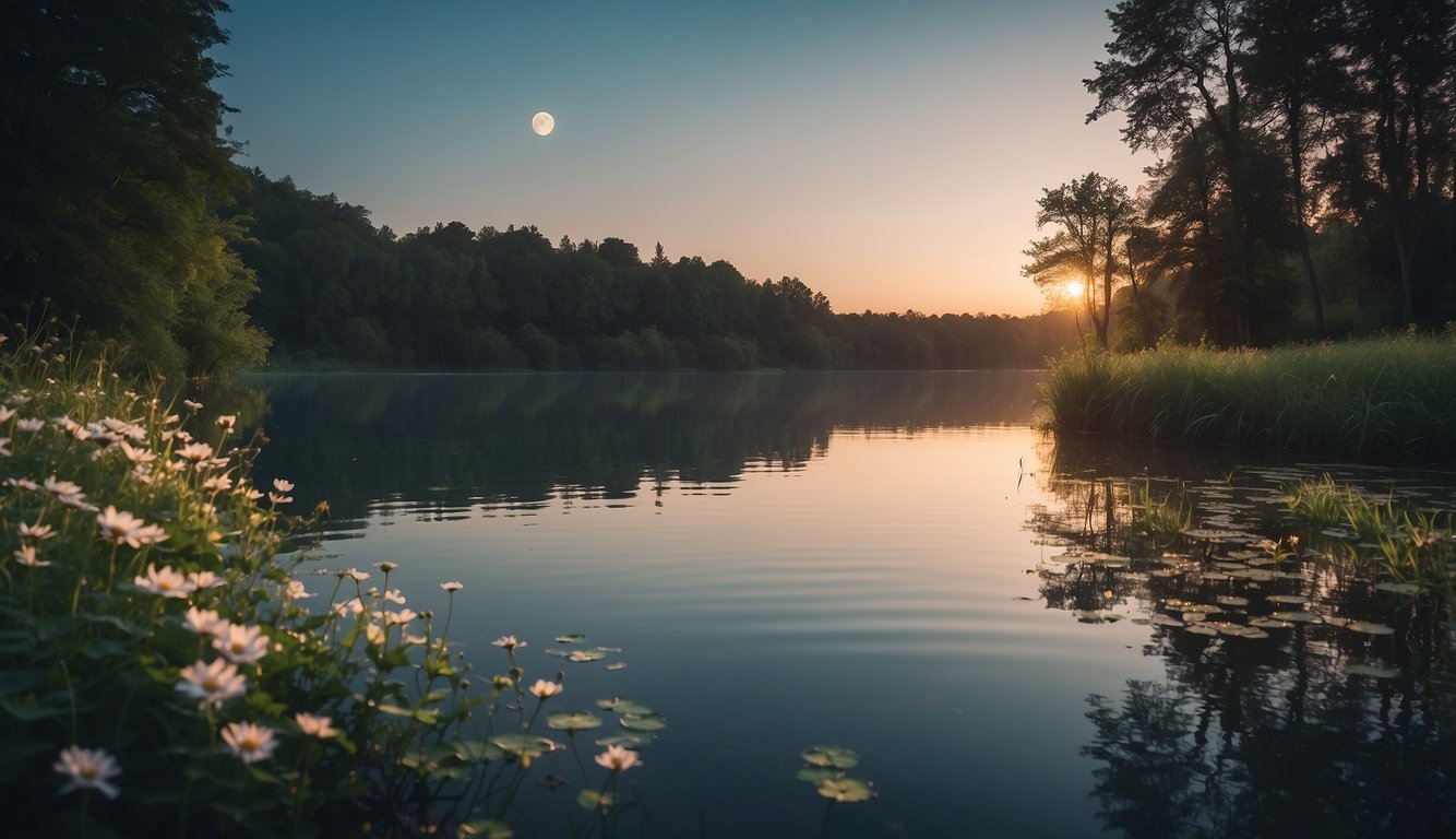 A serene lake reflecting the moon's glow, surrounded by lush greenery and delicate flowers. The water shimmers with a gentle energy, inviting communication with the water goddess