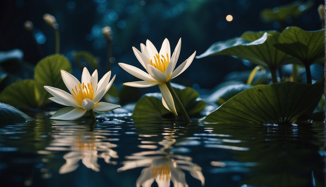 A serene lake reflects the moonlight as water nymphs dance among lilies, their shimmering forms blending with the ripples. A waterfall cascades in the background, echoing the gentle whispers of the water goddesses