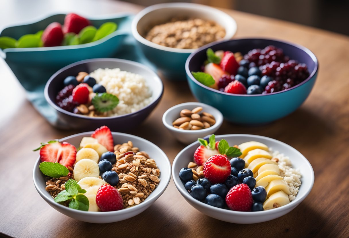 Acai bowls being prepared with fresh fruits, granola, and nuts at Essential Ingredients meal prep