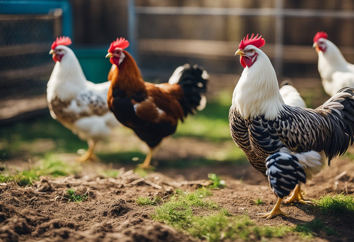 A group of Polish chickens roam freely in a spacious and clean coop, with access to fresh water and a variety of feed. Their colorful plumage and distinctive crests are on full display as they peck and scratch the ground