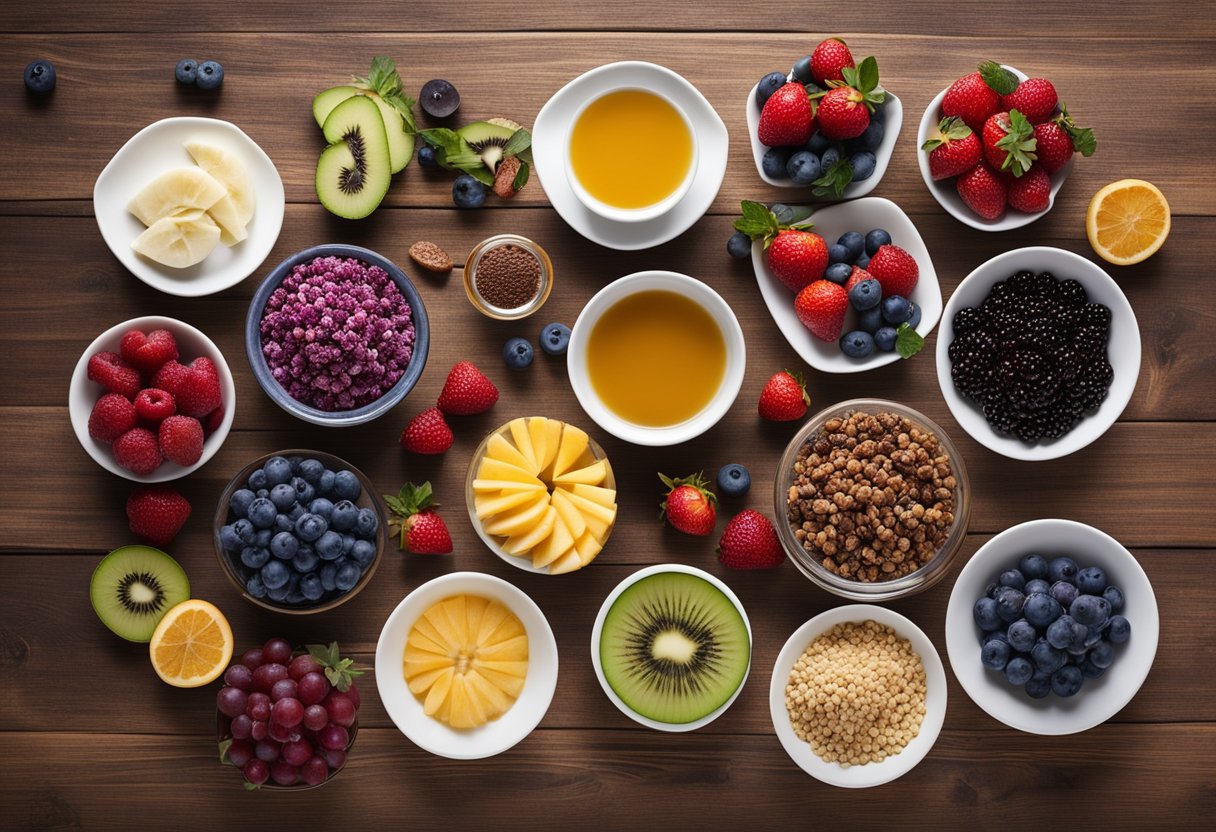 Acai bowl ingredients laid out on a wooden table with assorted toppings and fruits, ready to be customized for a healthy meal prep