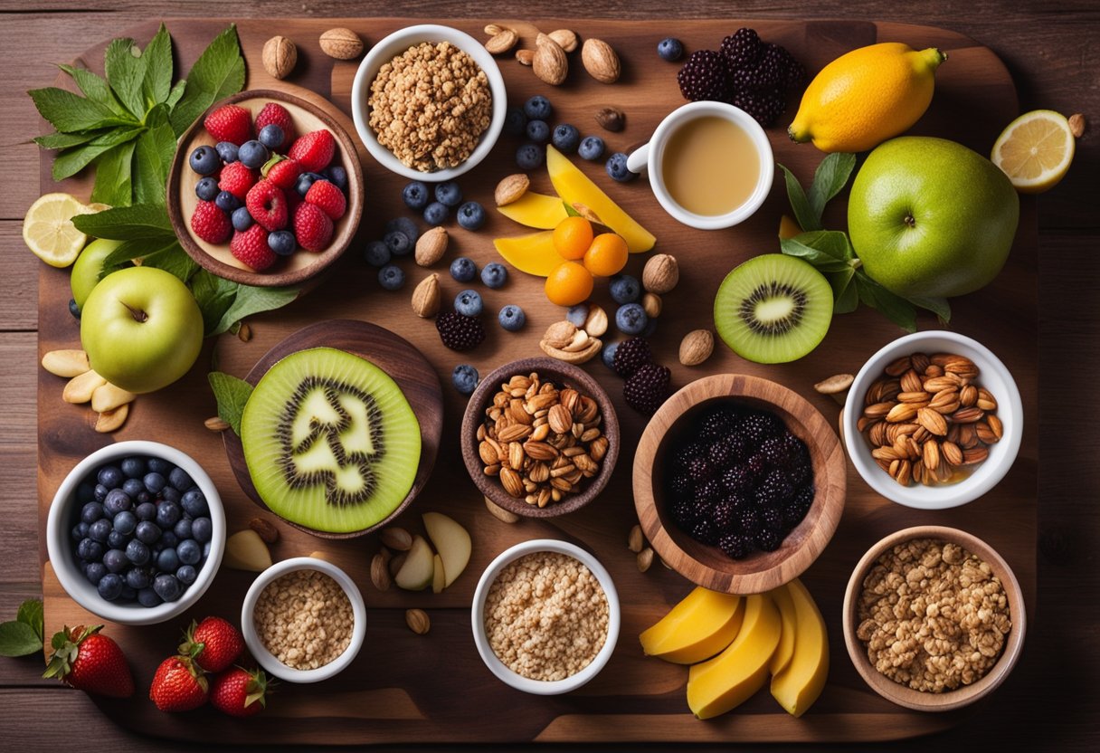 Acai bowls being prepared with fresh fruits, granola, and nuts on a wooden cutting board, surrounded by various ingredients and kitchen utensils