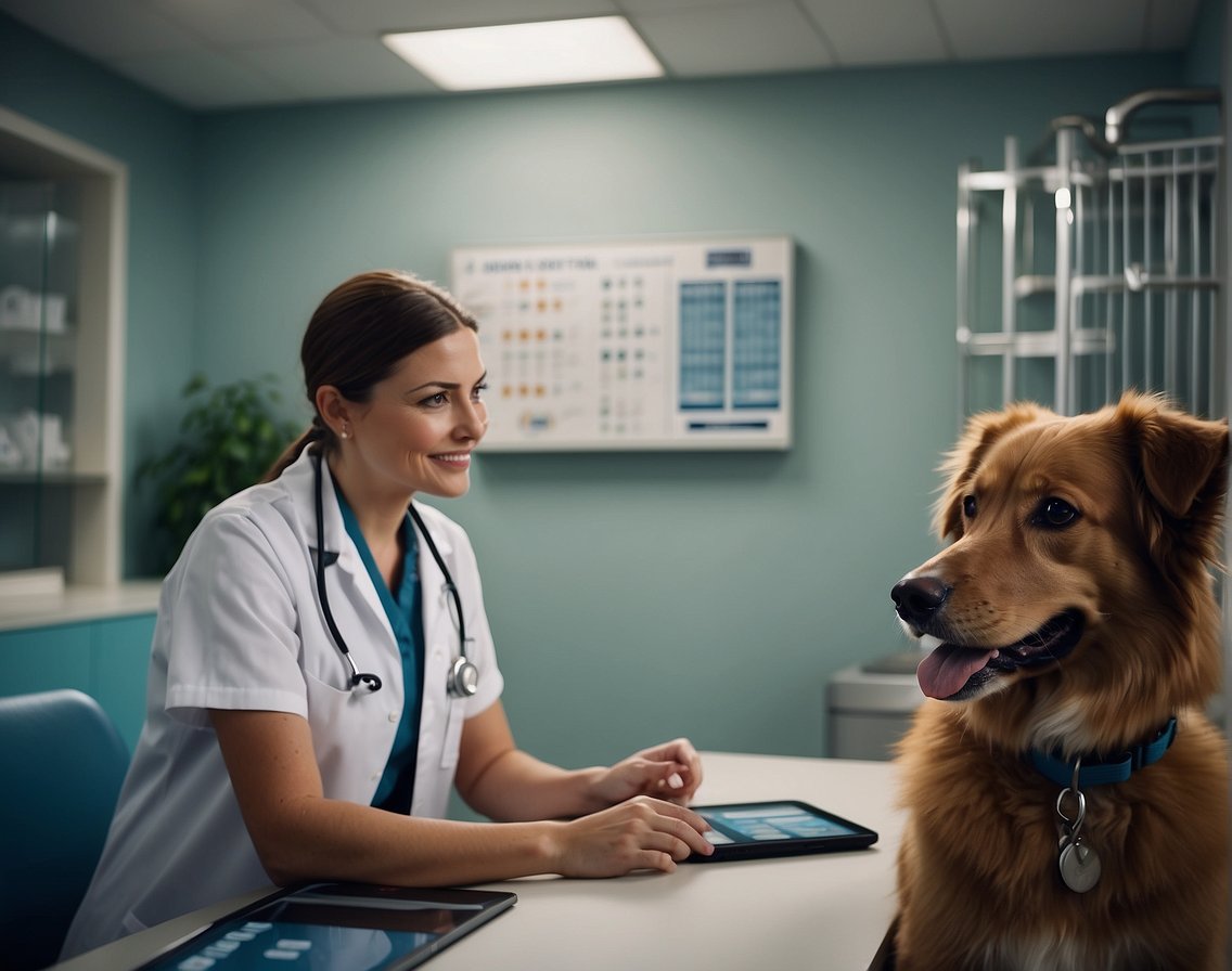 A veterinary clinic with a cost chart on the wall, a concerned pet owner talking to a veterinarian, and a sick dog in a crate