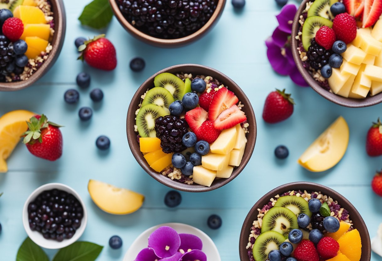 Acai bowls being prepared with colorful fruit toppings, arranged on a table for serving and enjoyment