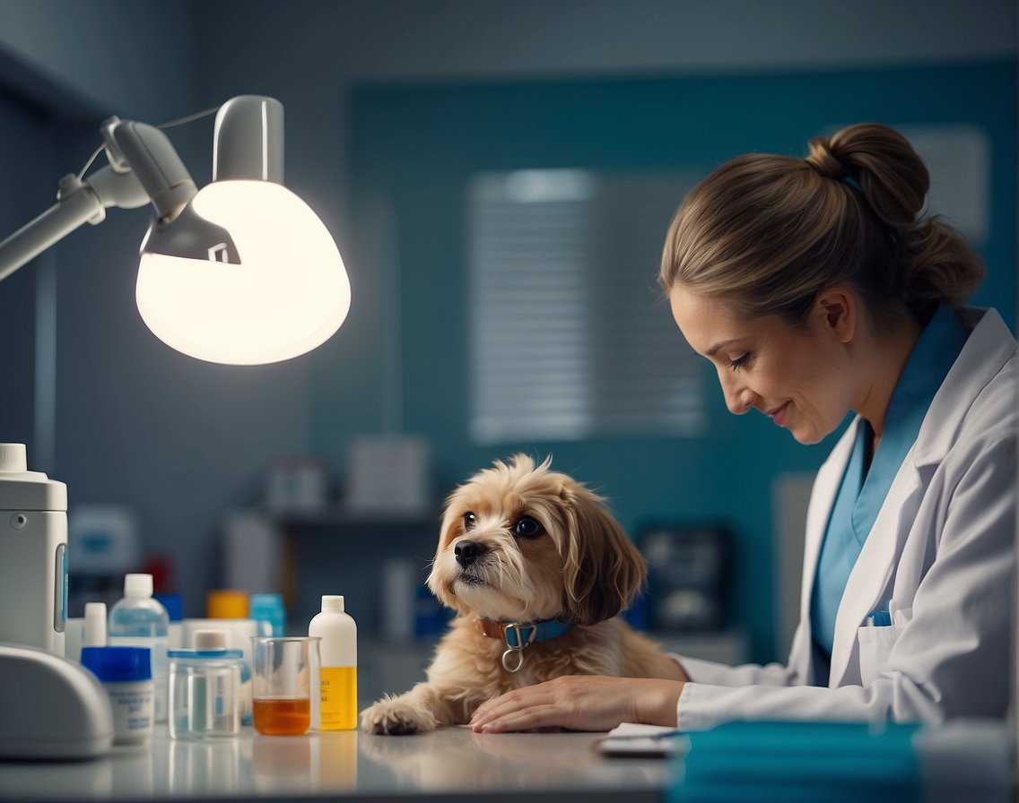 A sick dog receiving treatment in a veterinary clinic for parvo, with medical equipment and medication visible, illustrating the cost of long-term care