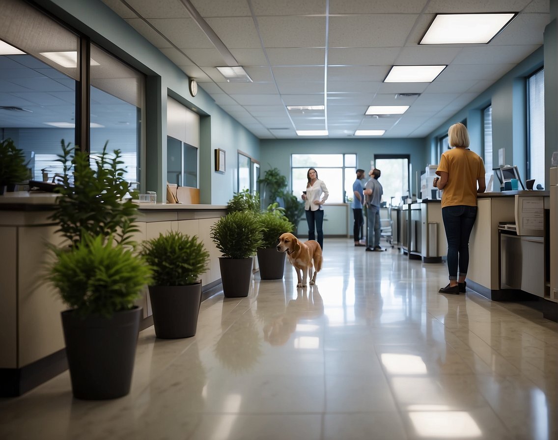 A veterinary clinic with a sign displaying "Parvo Treatment Cost" and a line of concerned pet owners waiting to inquire