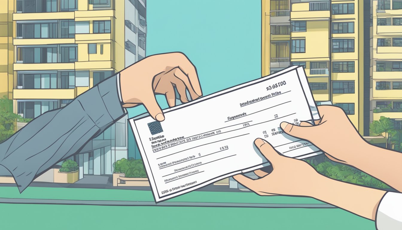 A couple hands over a check to a housing agent, signifying the downpayment for their HDB BTO flat in Singapore