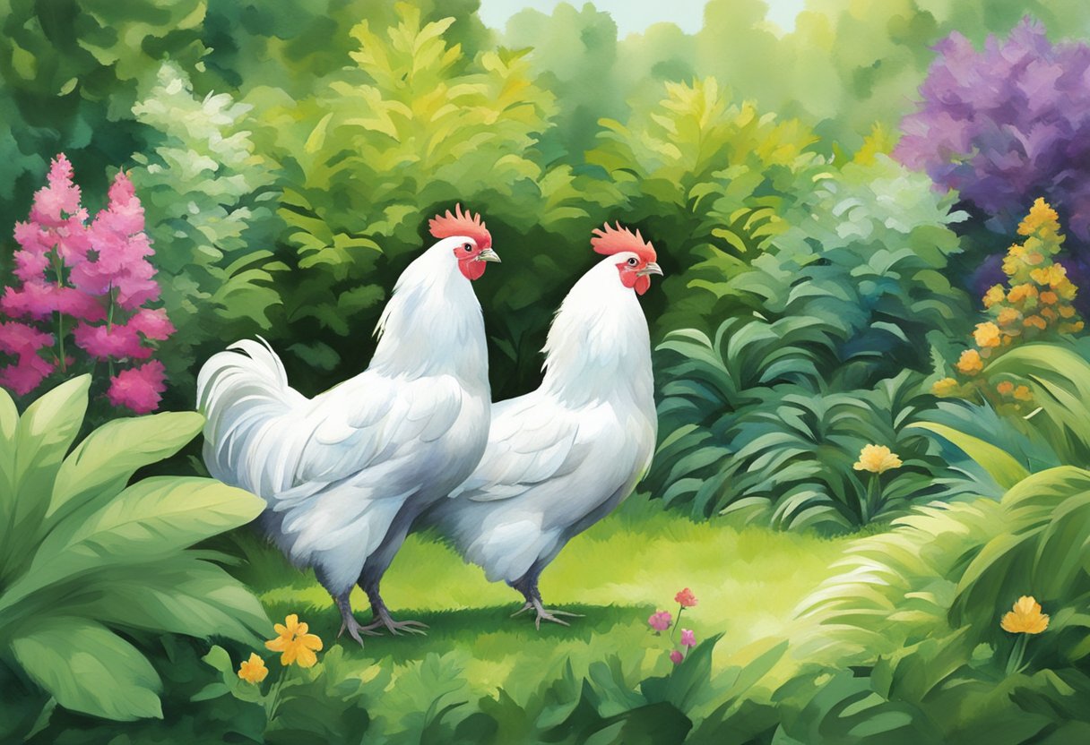 Silkie chickens pecking in a lush, green garden, their fluffy white feathers contrasting against the vibrant foliage