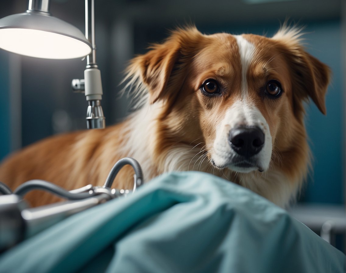 A dog lying on an operating table with a veterinary surgeon performing cataract surgery. Medical equipment and supplies are visible in the background