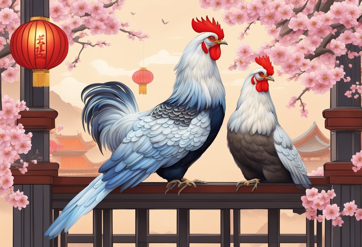 Silkie chickens roost on traditional Chinese architecture, surrounded by vibrant red lanterns and blooming cherry blossoms