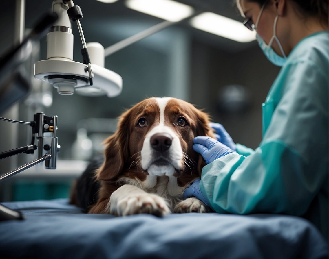 A veterinarian performing cataract surgery on a dog's eye, with surgical tools and equipment visible