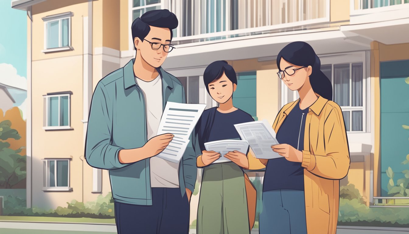 A family stands in front of their HDB flat, surrounded by financial documents and a calculator. They appear focused on calculating their down payment and discussing their investment