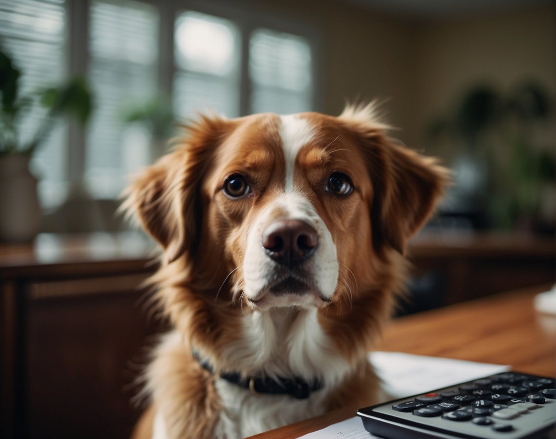 A dog with cataracts sits beside a worried owner. A vet discusses surgery costs and options. Financial papers and a calculator are spread out on the table