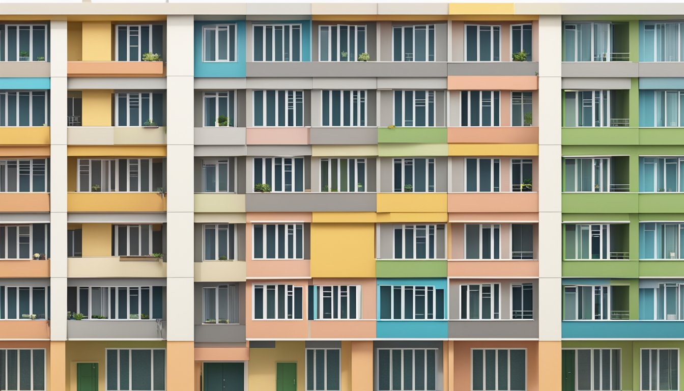 A row of HDB flats with different designs, labeled with eligibility schemes