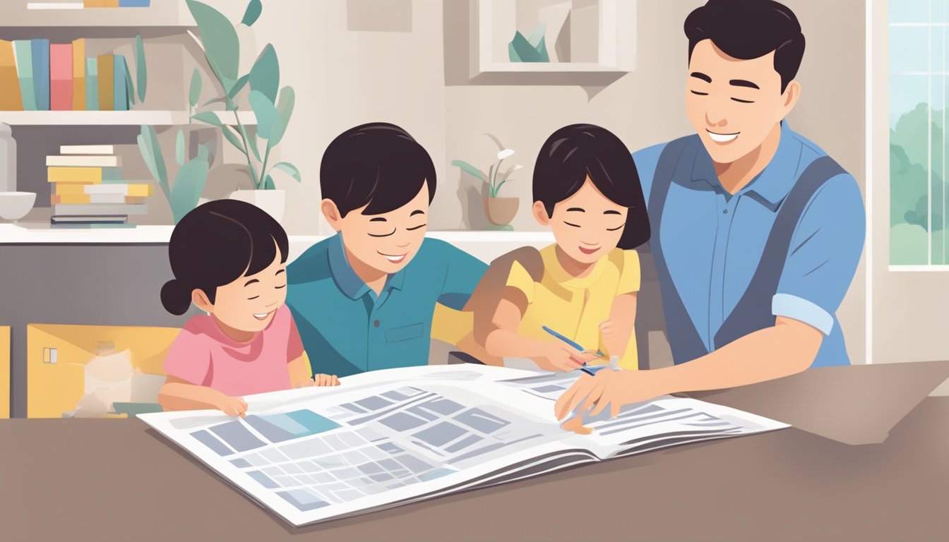 A family happily examines a brochure, surrounded by a new home, a key, and a contract, symbolizing the obligations and conditions after purchasing a home through HDB eligibility schemes in Singapore