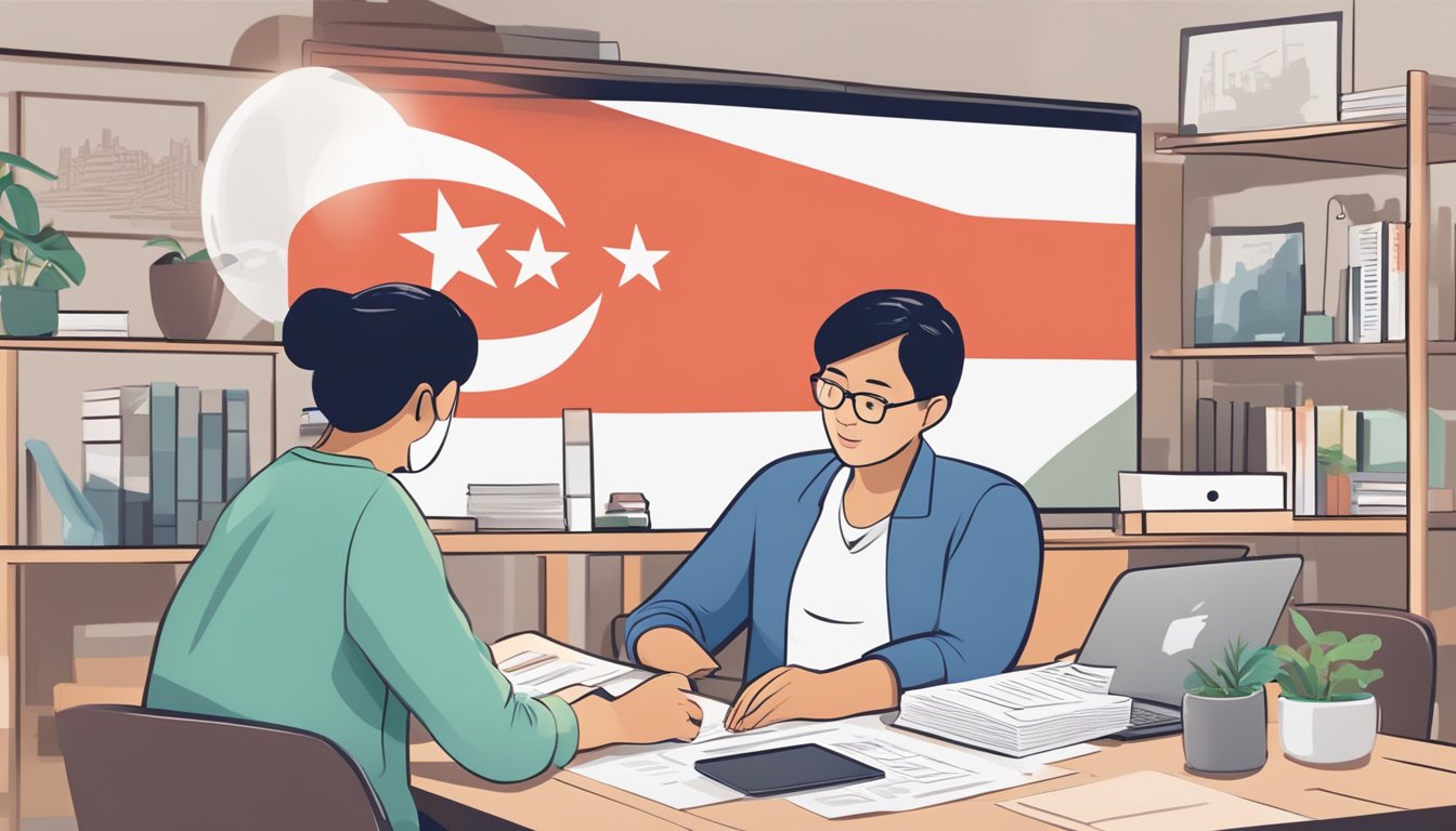 A family reviews HDB grant eligibility criteria on a laptop, surrounded by housing documents and a Singaporean flag