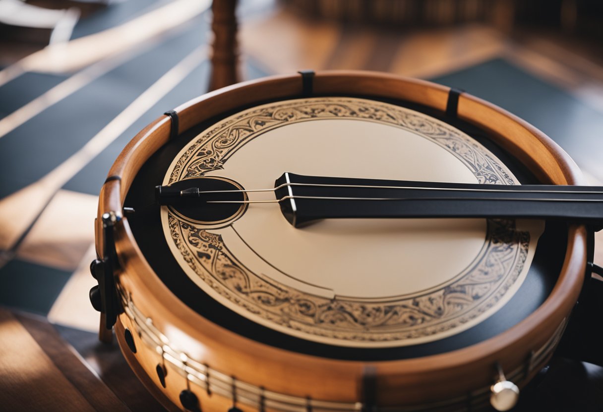 The bodhrán sits proudly at the center of a lively Irish music session, its deep, resonant tones driving the rhythm and bringing the music to life