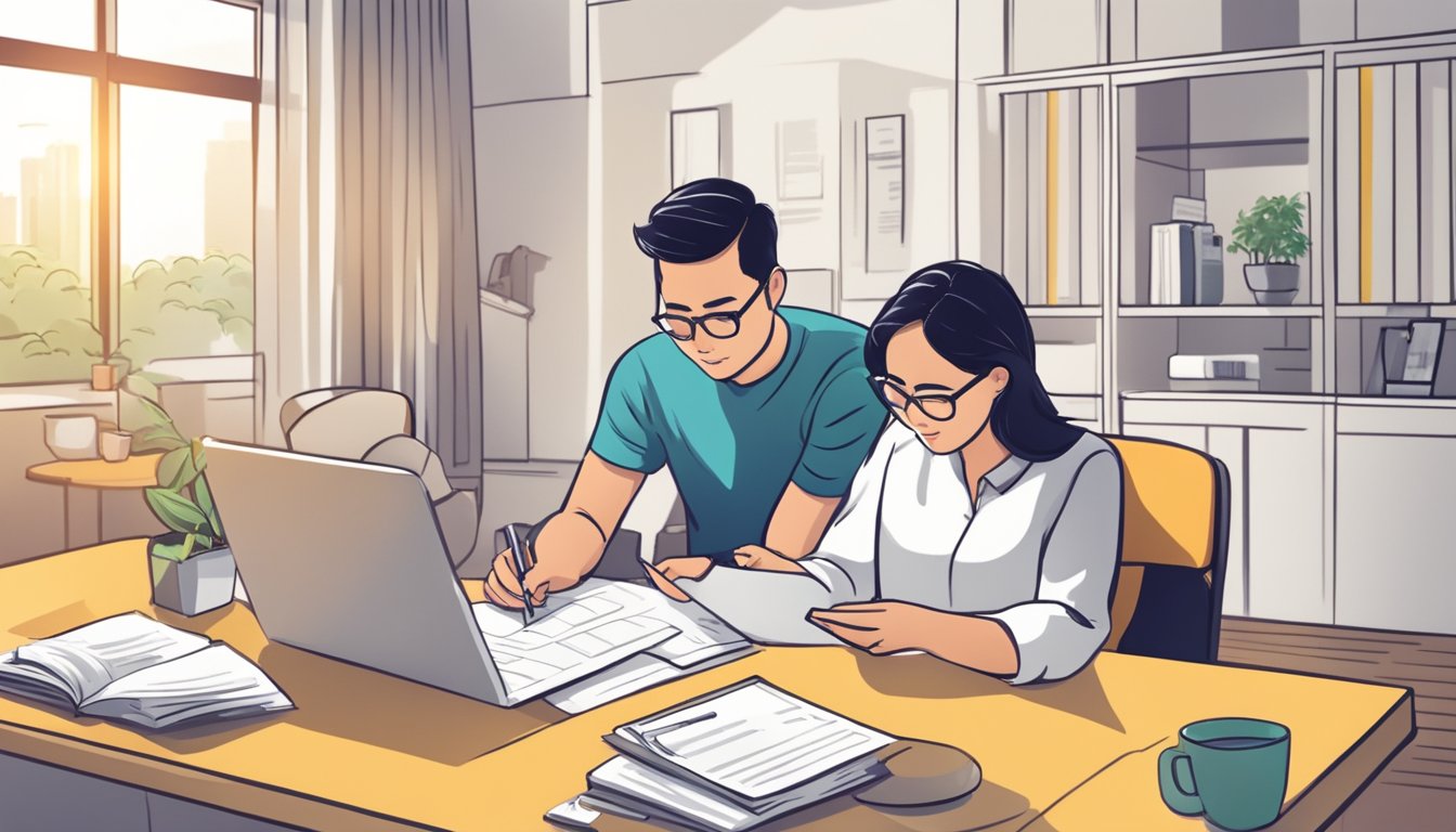 A couple reviews HDB grant eligibility criteria in Singapore, while calculating financial aspects of buying a flat