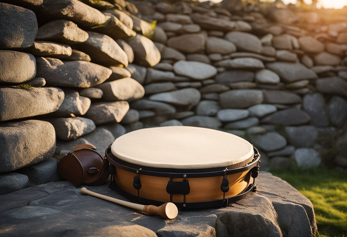 A bodhrán rests against a weathered stone wall, surrounded by traditional Irish instruments. The soft glow of a nearby hearth illuminates the scene, evoking a sense of warmth and camaraderie