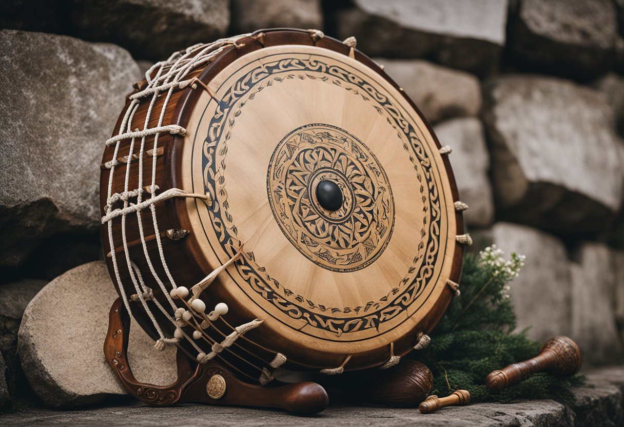 The bodhrán rests against a weathered stone wall, surrounded by traditional Irish instruments. Its taut skin and intricate designs reflect the deep cultural significance and rhythmic heartbeat of Irish music
