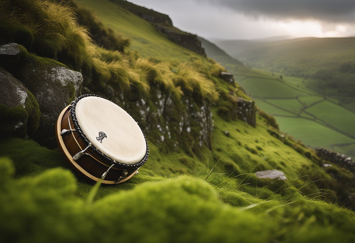 The bodhrán rests against a moss-covered stone wall, surrounded by lush greenery and a misty, rolling landscape. The rhythmic beat of Irish music echoes through the serene setting