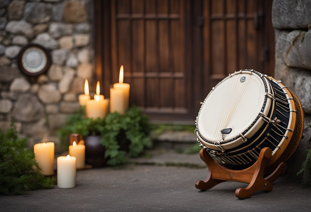 The bodhrán rests against a weathered stone wall, surrounded by traditional Irish instruments. The soft glow of candlelight highlights its intricate design, evoking a sense of history and cultural significance