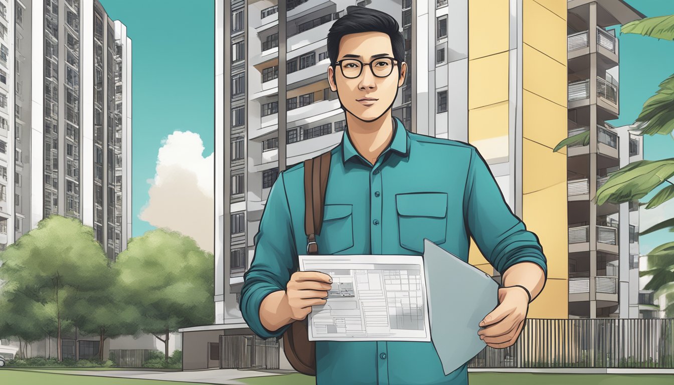 A person holding a hacking permit in front of a Housing Development Board (HDB) building in Singapore