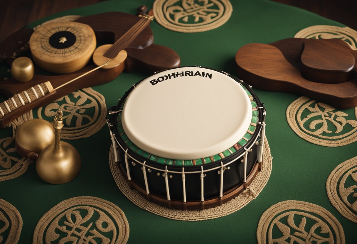 The bodhrán sits proudly at the center of a lively Irish music session, surrounded by traditional instruments and echoing the lively rhythm of Irish culture