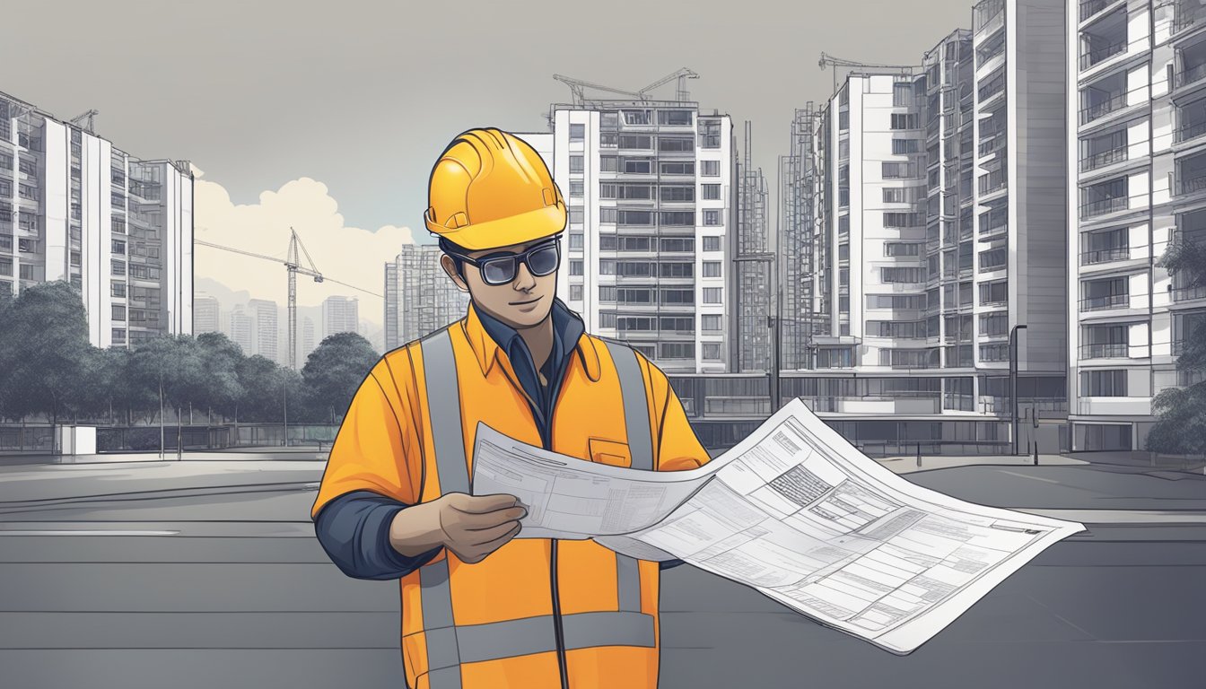 A construction worker holds a hacking permit while inspecting an HDB unit. The permit displays the necessary information and is stamped for approval