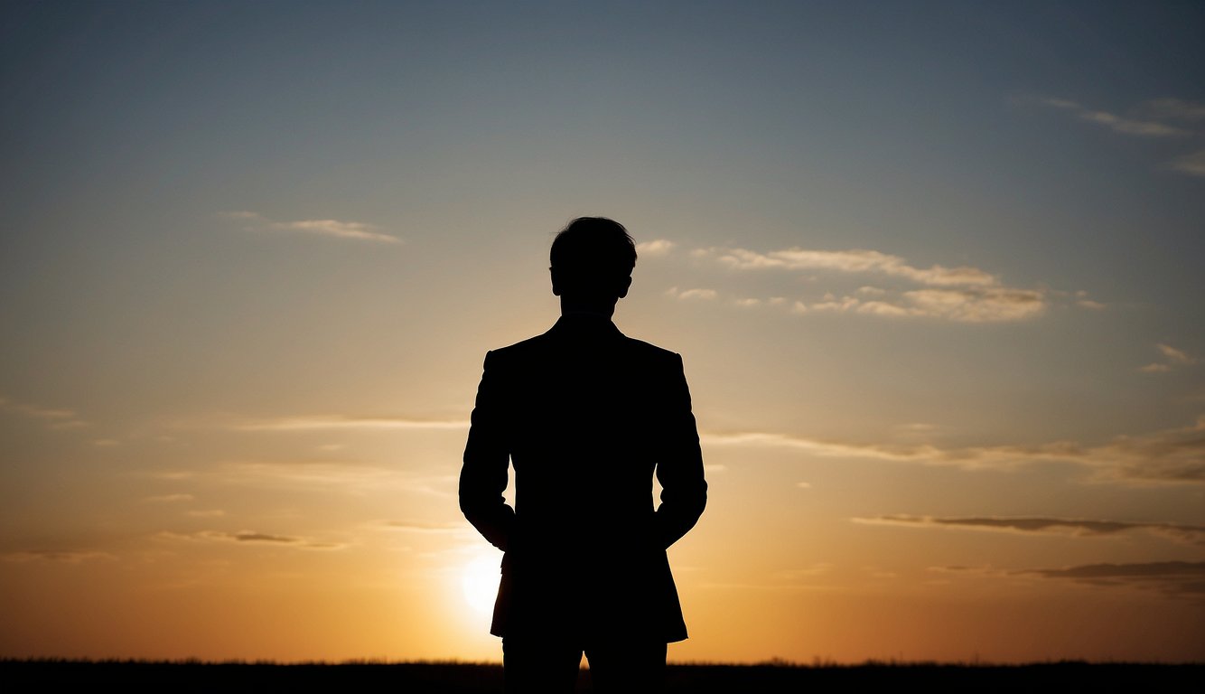 A person's silhouette gazes intensely at another silhouette, with a subtle smirk on their face, while their body language exudes a sense of desire and attraction