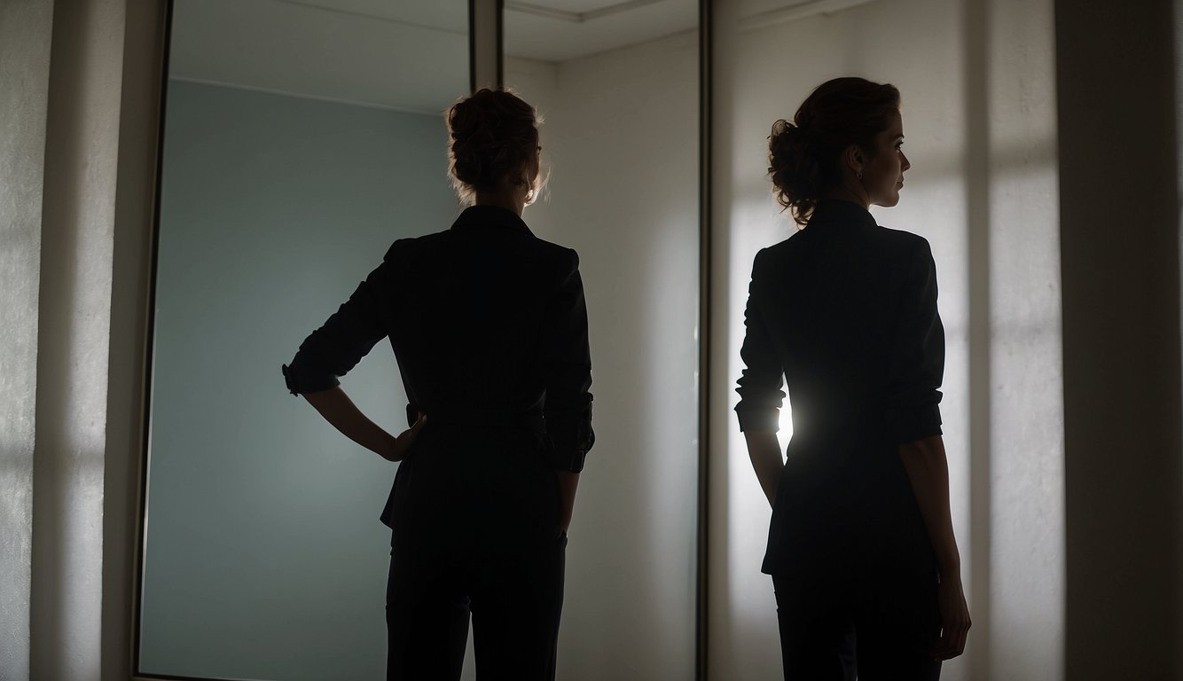 A person's silhouette stands in front of a mirror, their body language exuding confidence and desire. A thought bubble above their head contains suggestive imagery