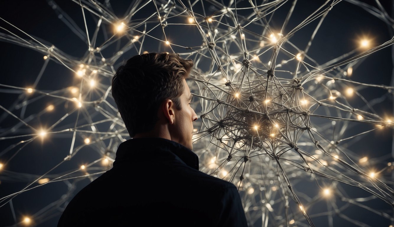 A person's mind is depicted as a tangled web of thoughts and desires, with various arrows and connections representing the psychological aspects of sexual attraction and the uncertainty of knowing if someone is thinking about you sexually