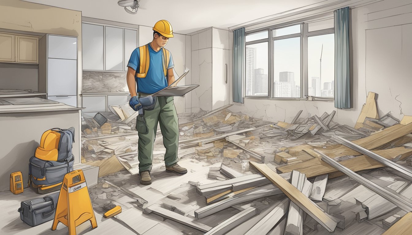 A construction worker demolishes walls in a HDB flat, surrounded by tools and debris, with a permit displayed prominently