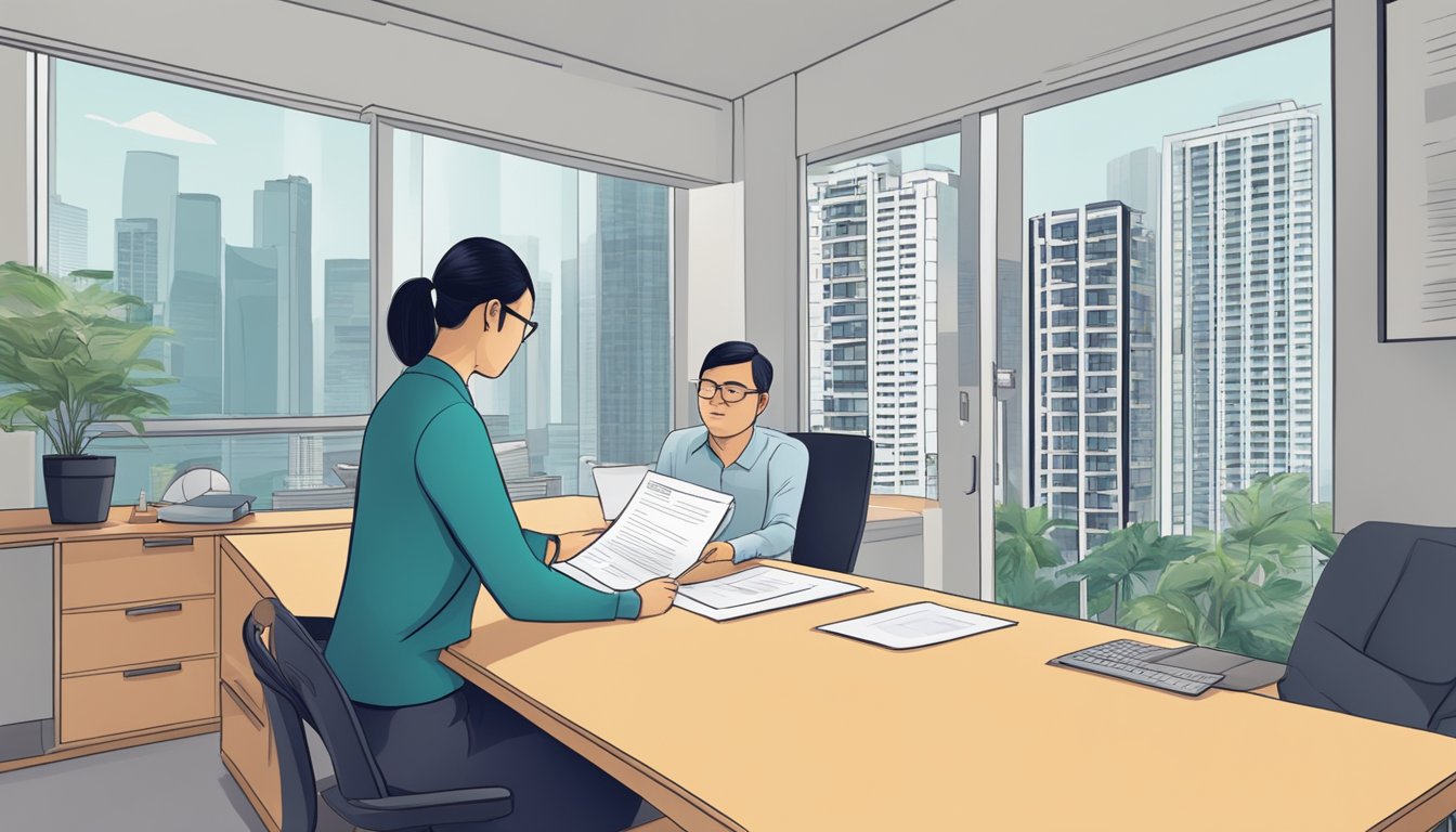 A person receiving a hefty fine for unauthorized HDB hacking in Singapore. Warning signs and legal documents emphasize the consequences