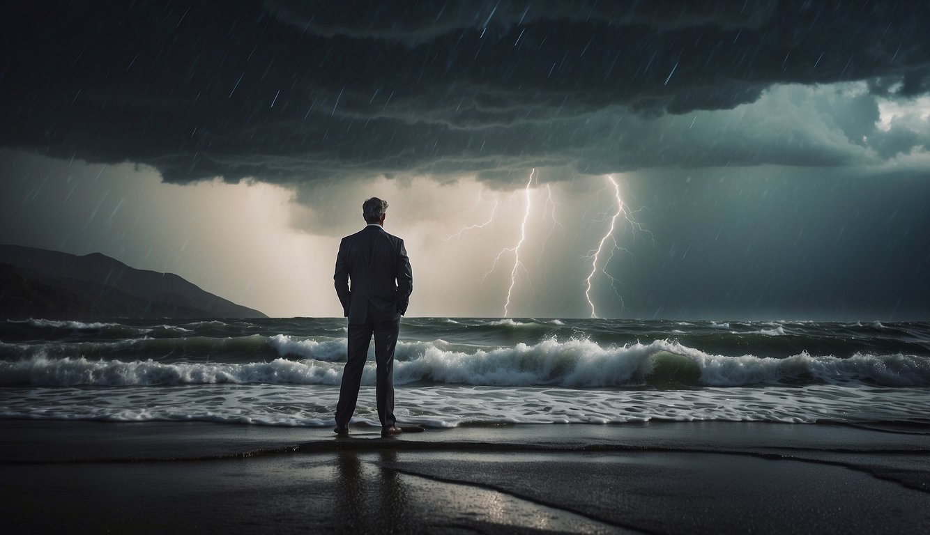 A figure standing tall, facing a raging storm. The storm represents inner turmoil and the figure symbolizes resilience and determination in the face of adversity