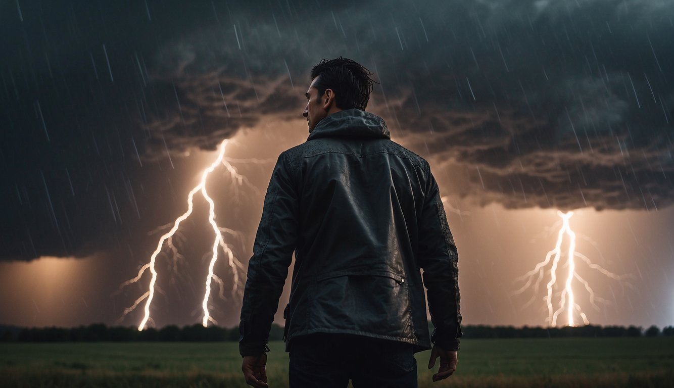 A figure stands face to face with a raging storm, their body tense and ready for battle. Lightning crackles in the sky as the wind whips around them, creating an intense and chaotic atmosphere
